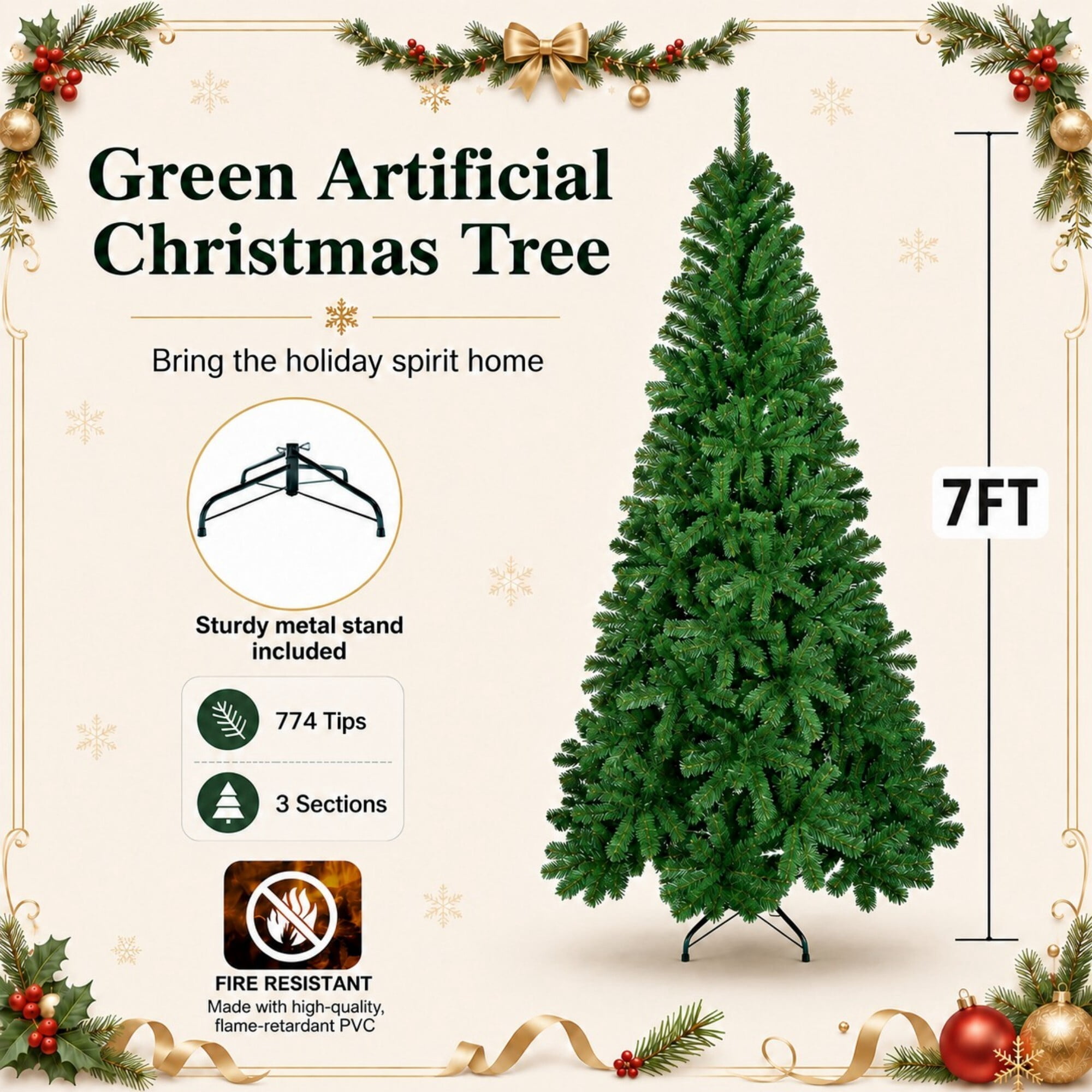 DEALTOPS 7 FT Unlit Artificial Christmas Tree, 774 PVC Tips, Hinged Green Holiday Tree with Metal Stand