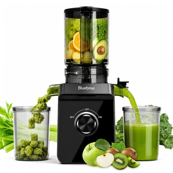 Bluebow Juicer Machines, Cold Press Juicer with 5.3" Large Feed Chute, 3-in-1 Masticating Juicer Maker for Whole Vegetables and Fruits, High Juice Yield, Easy to Clean, Black