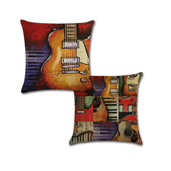 Multicolor Guitar & Piano Cotton Linen Fabric Decorative Music Instruments Indoor Outdoor Throw Pillow Cover Set 18x18