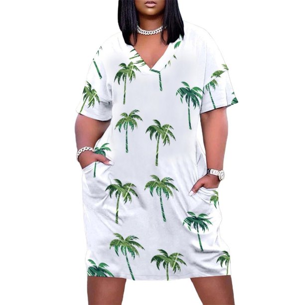 Vestido de noche holgado con bolsillos y palmeras verdes para mujer, elegante y chic, promoción