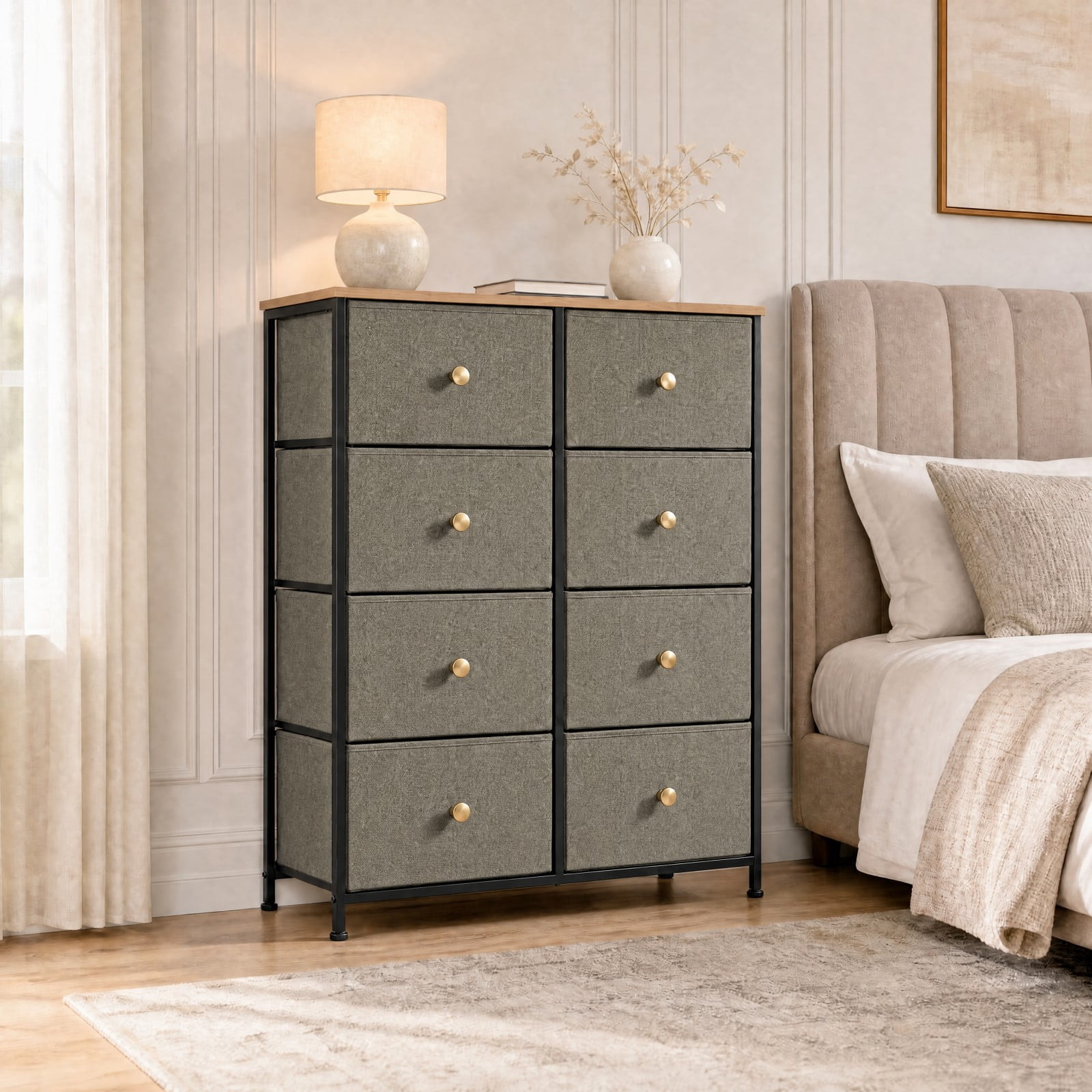 Telyra 8-Drawer Fabric Dresser Tall Storage Tower with Wood Top and Steel Frame Bedroom Closet Organizer, Greyish Green