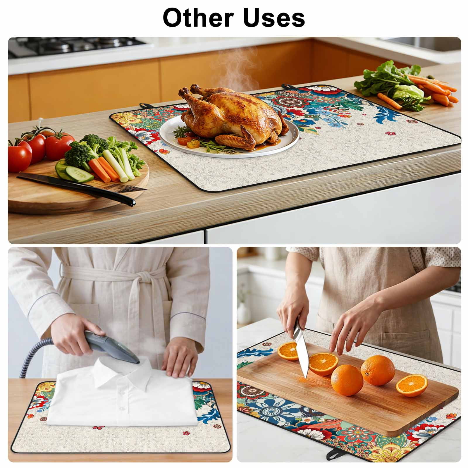 Boho Flowers Stove Top Cover for Electric Stove, Heat-proof & Non Slip Glass Top Stove Cover Protector, Abstract Ethnic Vintage Bohemian Floral Kitchen Flat Cooktop Rubber Mat 24x21 Inches
