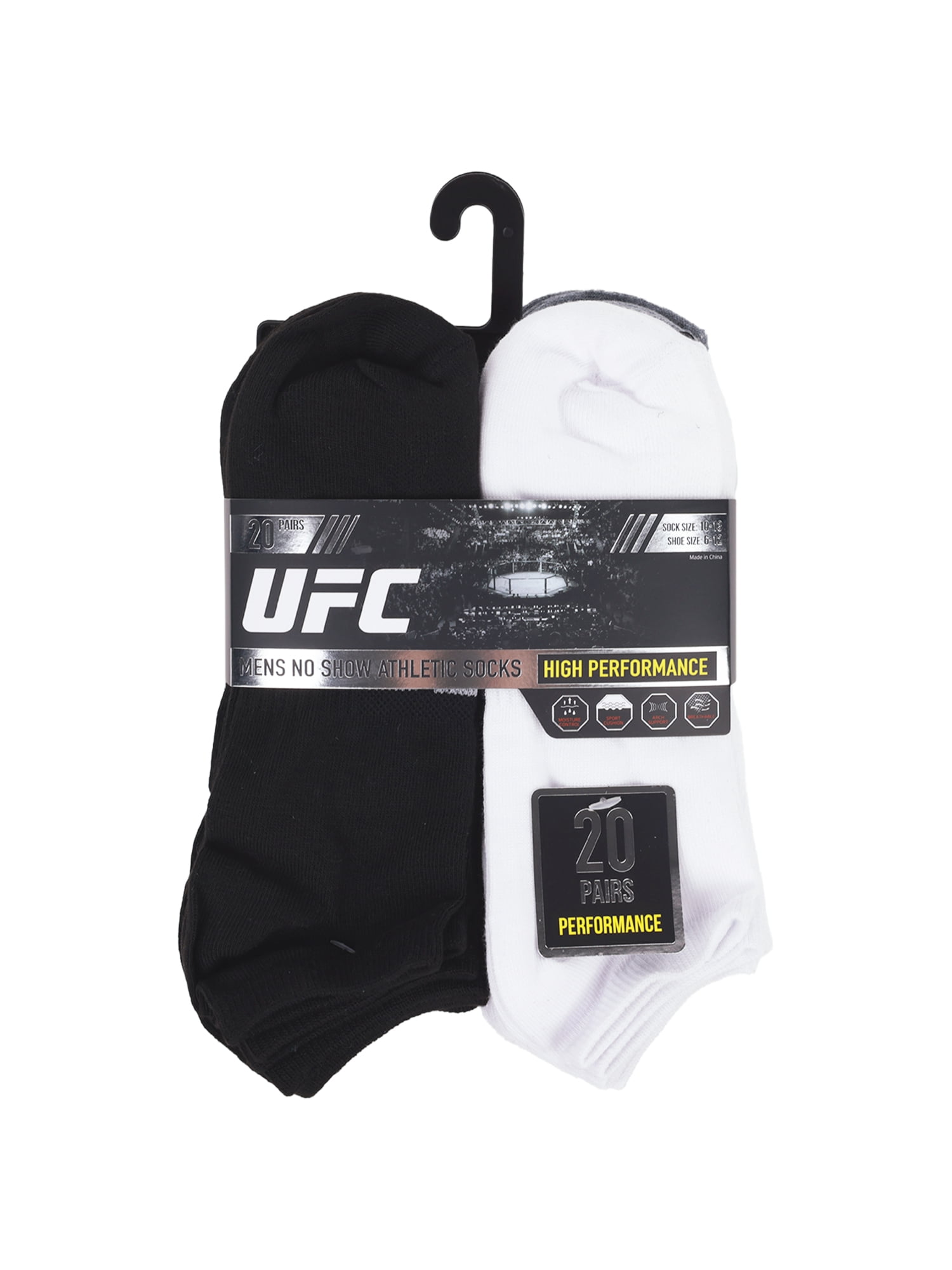 UFC 20 Pair Men's Lightweight No Show Socks with Arch Logo, Blk/Wht/Grey