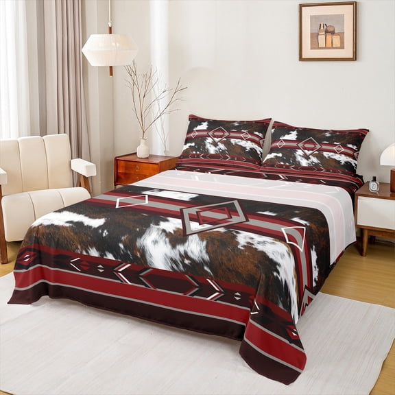 jejeloiu Rustic Cow Hide Twin Sheet Sets,Abstract Geometric Rhombus Twin Fitted Sheet,Red Brown White Flat Sheet For Boys Kids,Ultra Soft Home Decor,3pcs