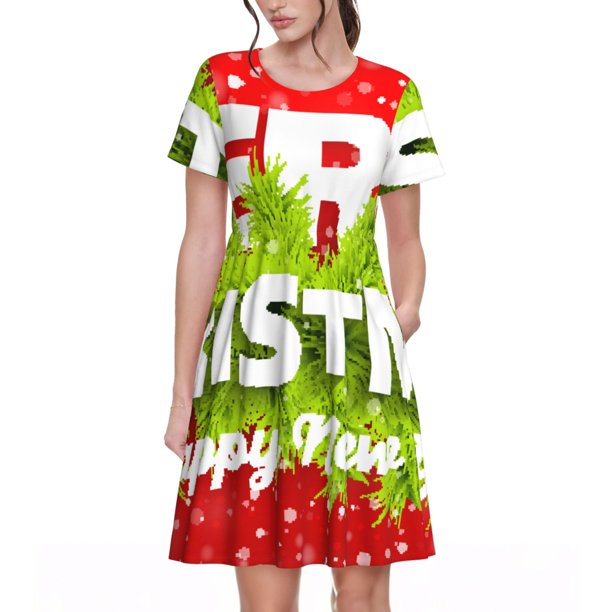 Easygdp Merry Christmas para Vestido Transpirable de Mujer, Vestido Suelto de Manga Corta con Pliegues y Bolsillos para el Verano