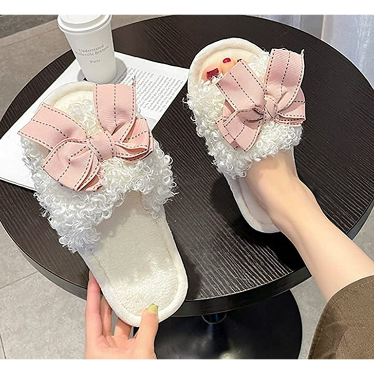 PIKADINGNIS Women s Open Toe Furry Faux Fur Slippers Memory Foam