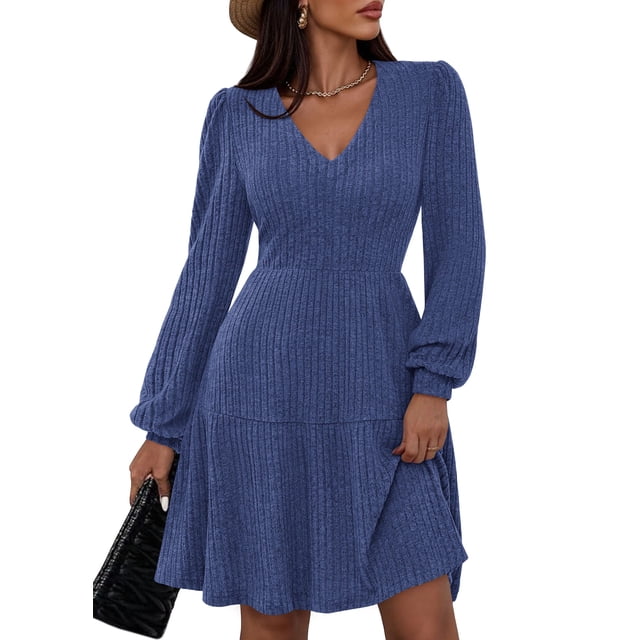 Vestido Suéter PRETTYGARDEN 2025 Azul Manga Larga XL