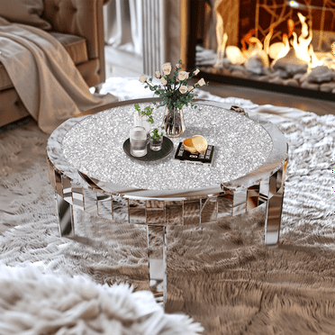 Wisfor Crushed Diamond Round Coffee Table Mirrored Frame Silver 31.5x31.5x18.3inch