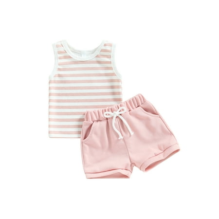

Sunisery Baby Boys Summer Outfit Sets Sleeveless Striped Tank Tops Drawstring Shorts Set Baby Summer Clothes 2Pcs Set Pink 2-3 Years