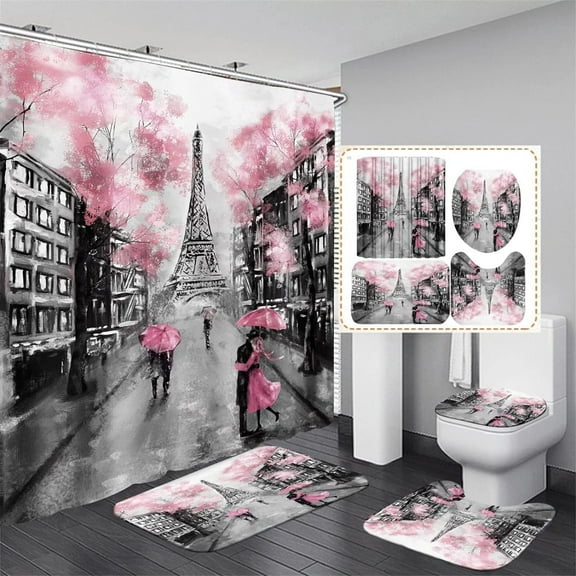 Pink Paris Tower Bathroom Sets with Shower Curtain and Rugs Accessories with Non-Slip Rugs Toilet Lid Cover and Bath Mat,Decor for Bathroom