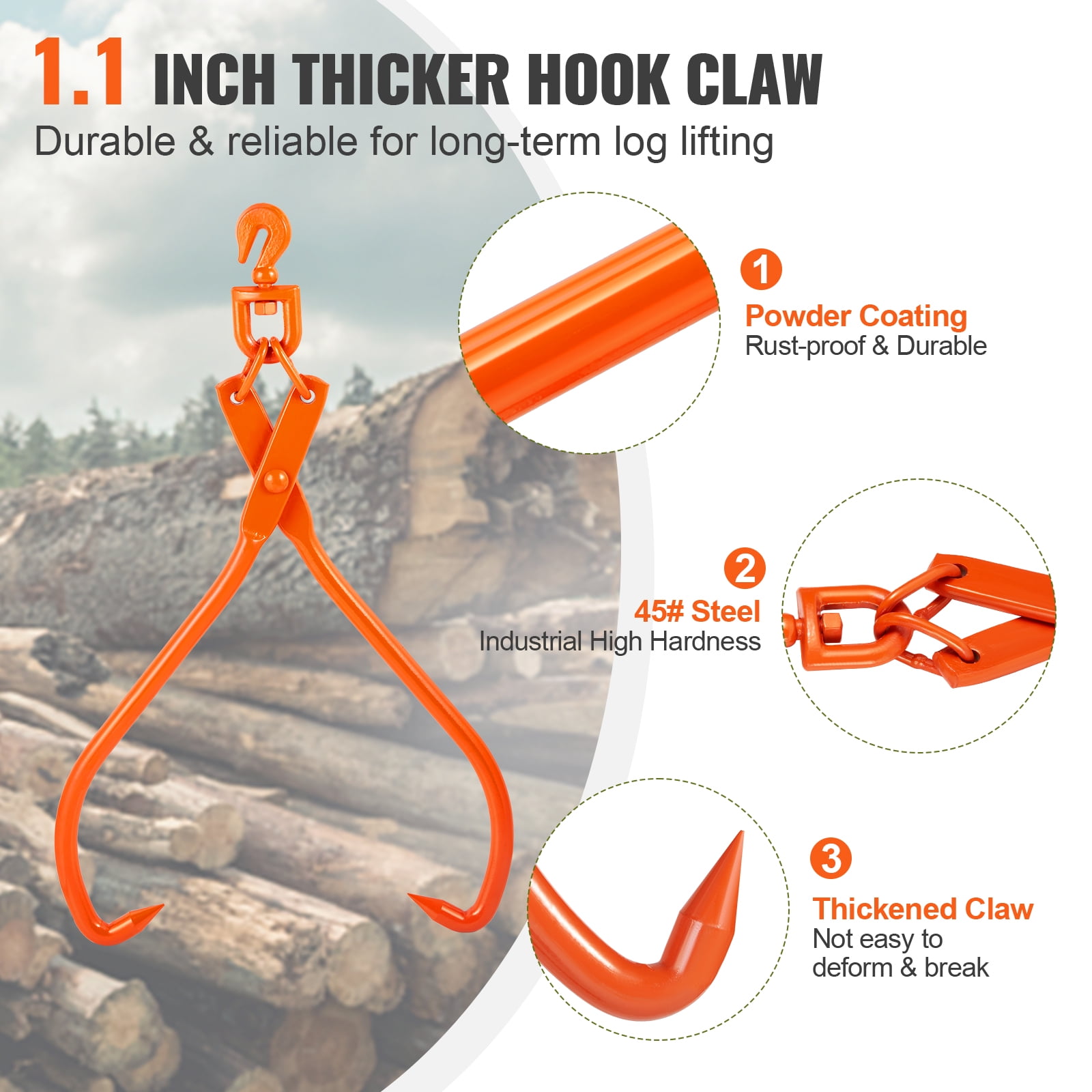 BENTISM Log Skidding Tongs, 32 inch 2 Claw Log Lifting Tongs, Heavy Duty Rotating Steel Lumber Skidding Tongs, 1543 lbs/700 kg Loading Capacity, Log Lifting, Handling, Dragging & Carrying Tool