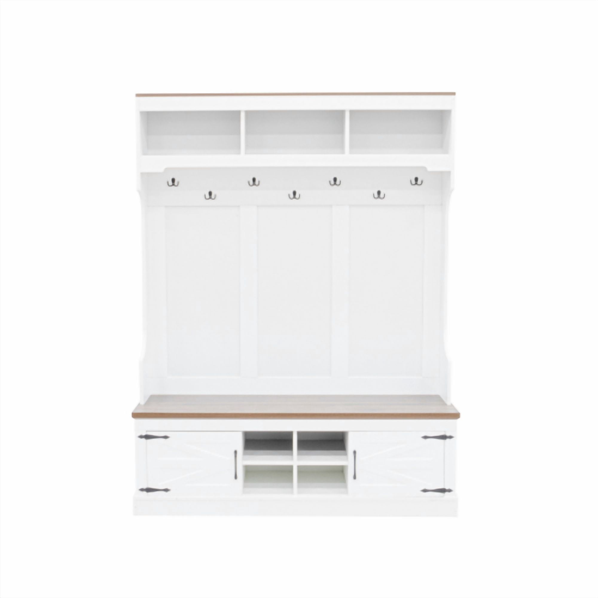 71" Farmhouse Hall Tree with Bench and Shoe Storage, 5-in-1 Entryway Organizer with Coat Rack, 4 Shoe Cubbies, 7 Hooks, White