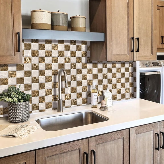 Kitchen Bathroom Backsplash Tiles Brown and White Grid Marble Sink Countertop Peel and Stick Wall Sticker Mural 12x12 10PCS/Set