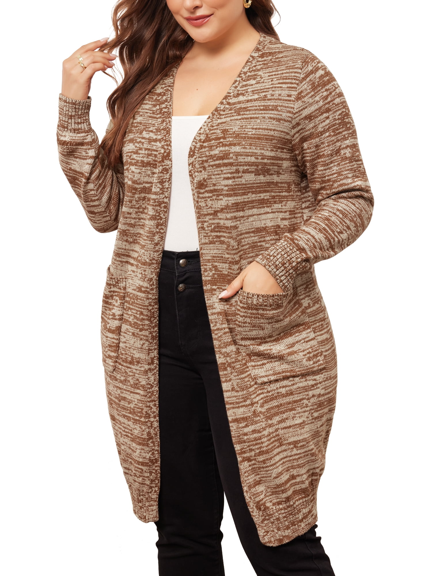DARING DIVA Plus Size Contrast Color Open Front Long Sleeve Cardigan 4X Brown