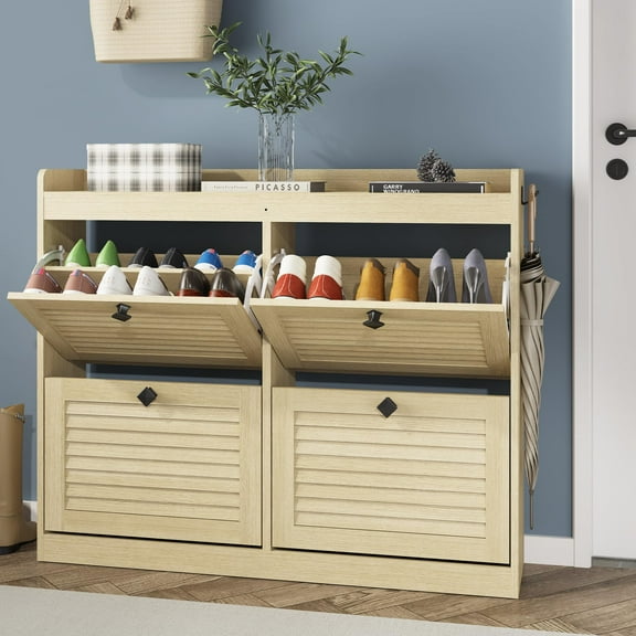 Large Shoe Storage Cabinet with 4 Flip Drawers, Narrow Shoe Cabinet for Entryway with Wooden Legs, Freestanding Hidden Shoe Rack Organizer for Hallway, Bedroom, Living Room, Natural