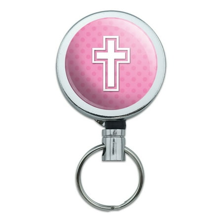 Cross Pink Baby Girl Christening Baptism Shower Retractable Belt Clip Badge Key