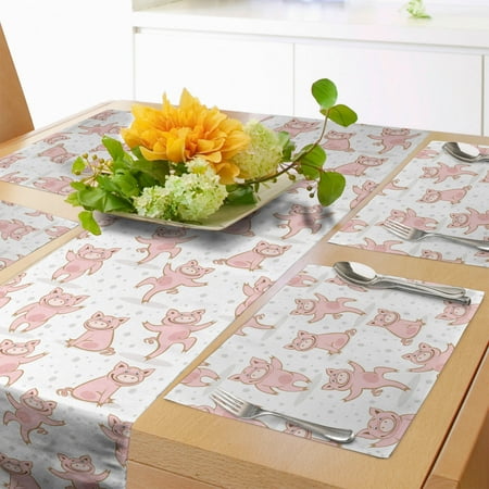 

Piglet Table Runner & Placemats Pig Silhouettes Playing Around on a Background of Polka Dots Farm Lifestyle Set for Dining Table Decor Placemat 4 pcs + Runner 14 x90 Rose and White by Ambesonne
