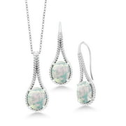 Gem Stone King 925 Sterling Silver Cabochon White Simulated Opal Pendant and Earrings Jewelry Set For Women (12.00 Cttw, With 18 inch Chain)