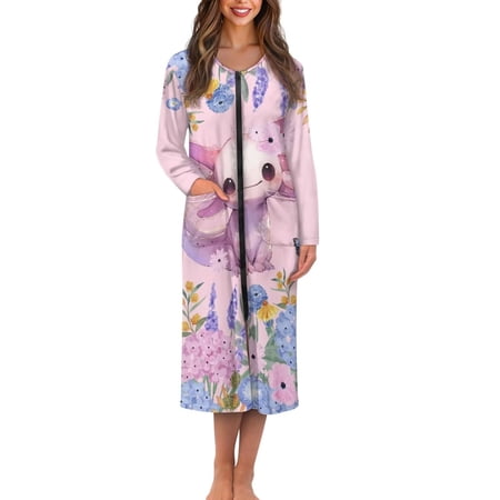 FKELYI Zipper Front Robes for Women Nightgowns Hydrangea Flower Axolotl Print Comfy Nightwear Dress Long Sleeve Bathrobes Fall Winter Zippered Housecoat with 2 Pockets L