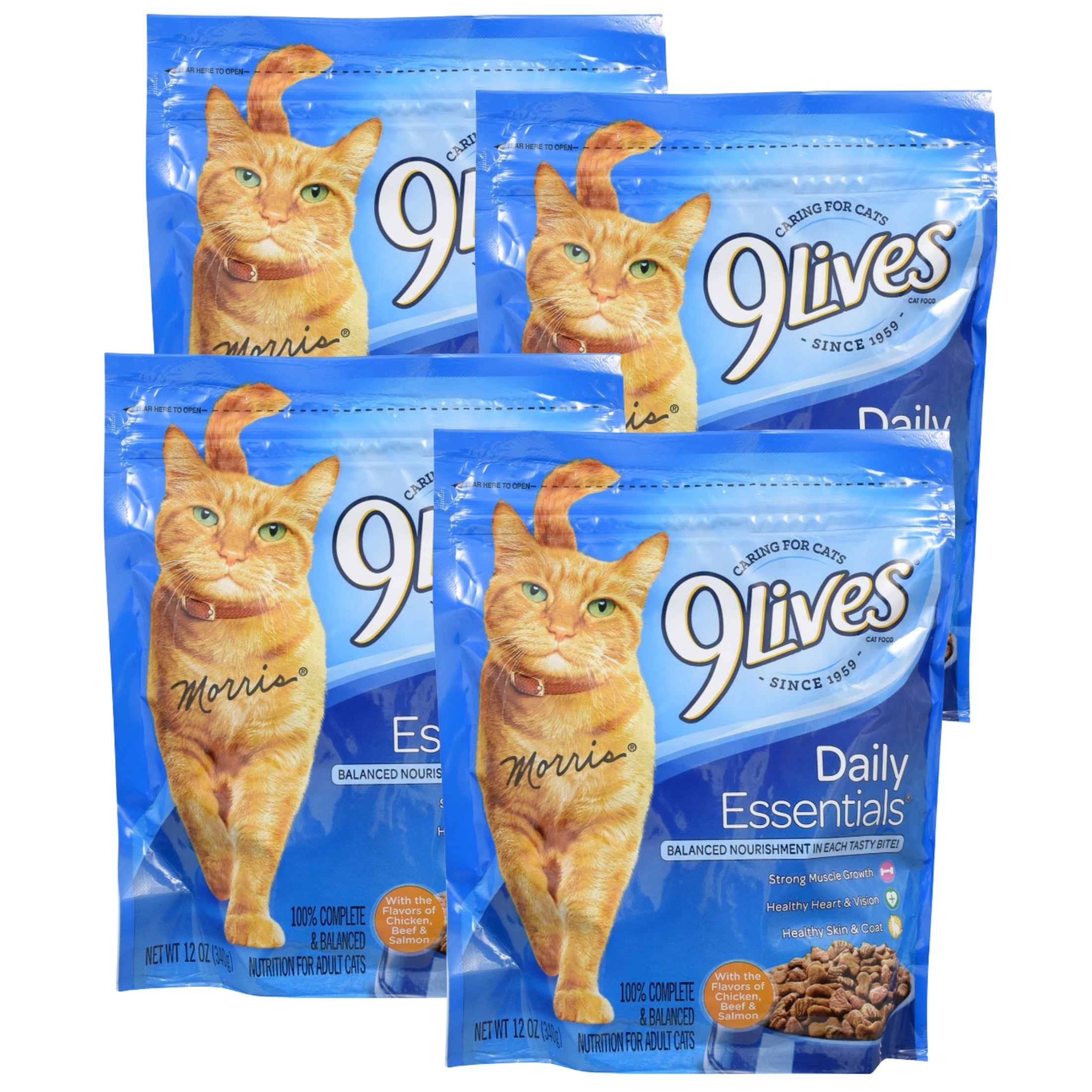 (4) 9 Lives Daily Essentials with Chicken Beef Salmon Flavor Dry Cat