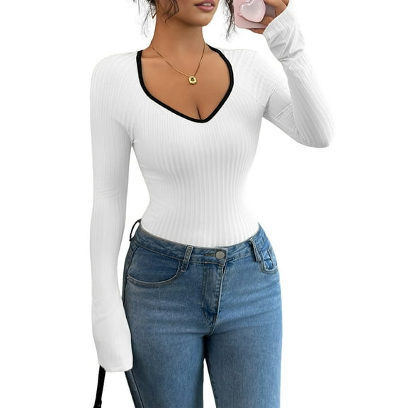 Women'S Sweetheart Neck Fitted T Shirts Long Bell Sleeve Ribbed Knit Tops White XL