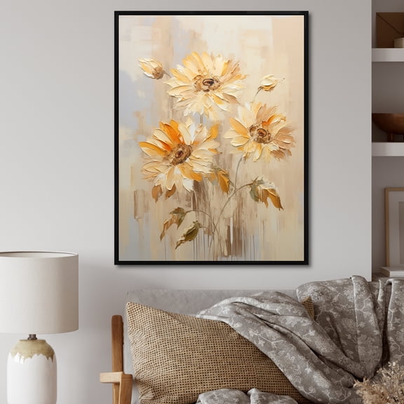 Designart "Beige Sunflower Bloom Minimalism III" Sunflowers Floater Framed Canvas Art Print