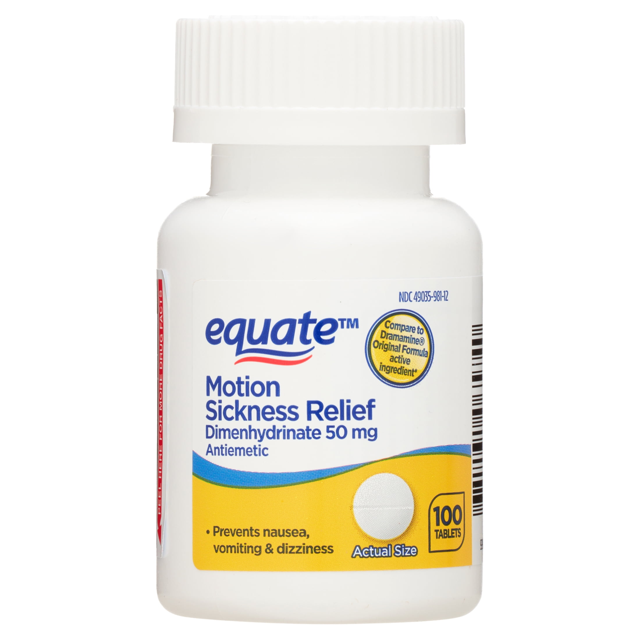 Equate Fast-Acting Motion Sickness Relief Dimenhydrinate Tablets, 50 mg, 100 Count
