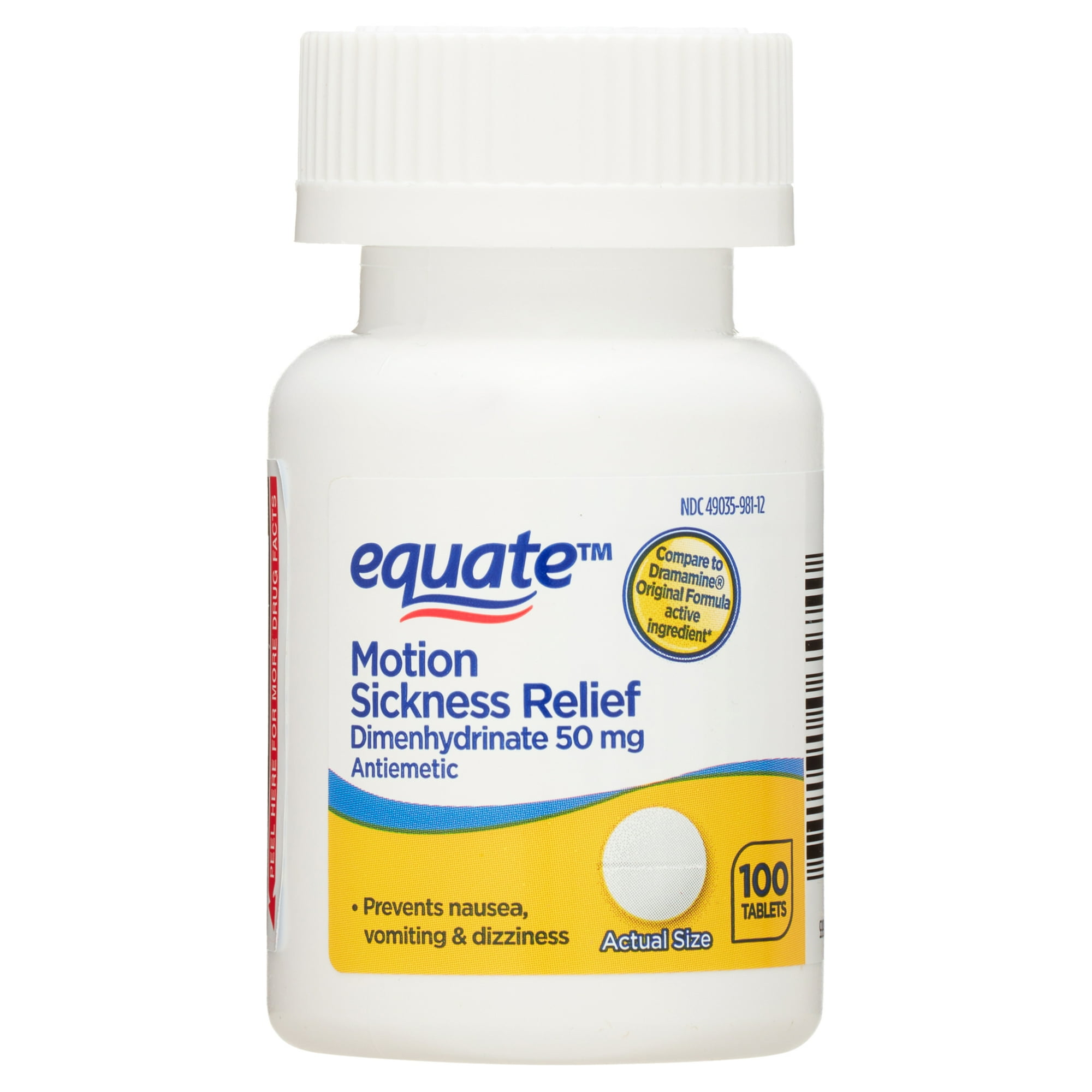 Equate Motion Sickness Relief Dimenhydrinate Tablets, 50mg, 100 Count, Compare to Dramamine® Original Formula Active Ingredients