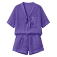 thumbnail image 4 of Hvogkswy Women Two Piece Linen Sets, Solid Color Short Sleeve V-Neck Tops and Wide Leg Shorts with Pockets Loose Breathable Hawaiian Beach Vacation Summer Outdoor Casual Set, 4 of 9