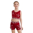 thumbnail image 3 of Hansber Kids Girls Cheerleading Outfits 3Pcs Rhinestones Dance Crop Top and Gymnastics Shorts Set with Hair Band Burgundy 16, 3 of 5