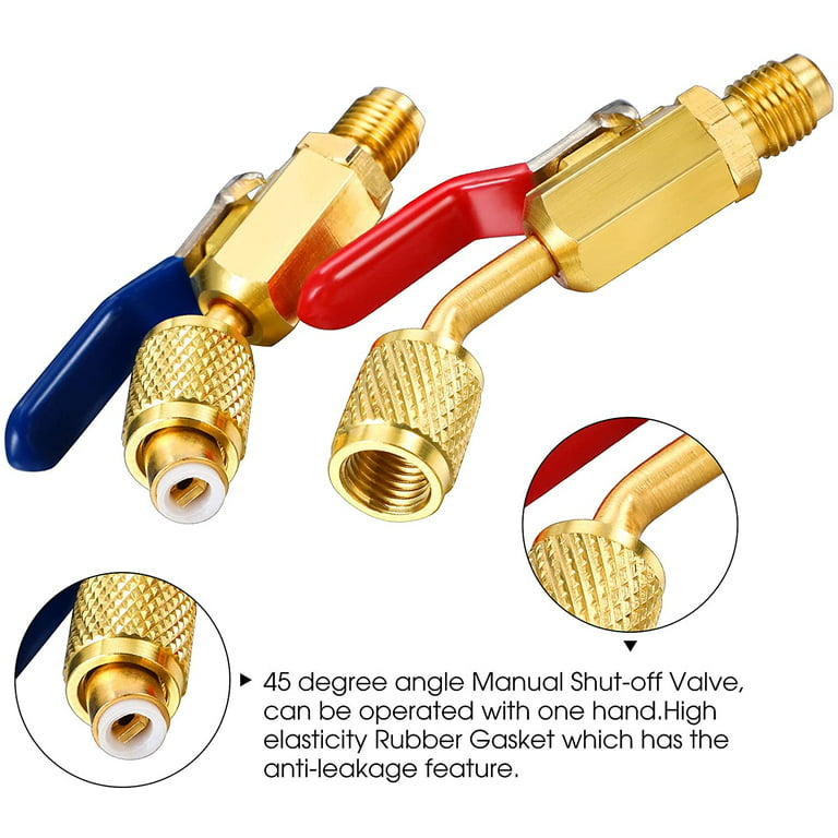 Mudder R410A Valve Core Remover Kits 7 Air Conditioning Refrigerant Angled  Compact Ball Valve with SAE 1/4 and 5/16 Port R410 R32 Brass Adapter 20