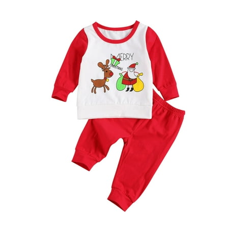

Christmas Baby s Housedress Suit Long Sleeve Round Neck Top with Santa Claus Pattern Elastic Head Long Pants