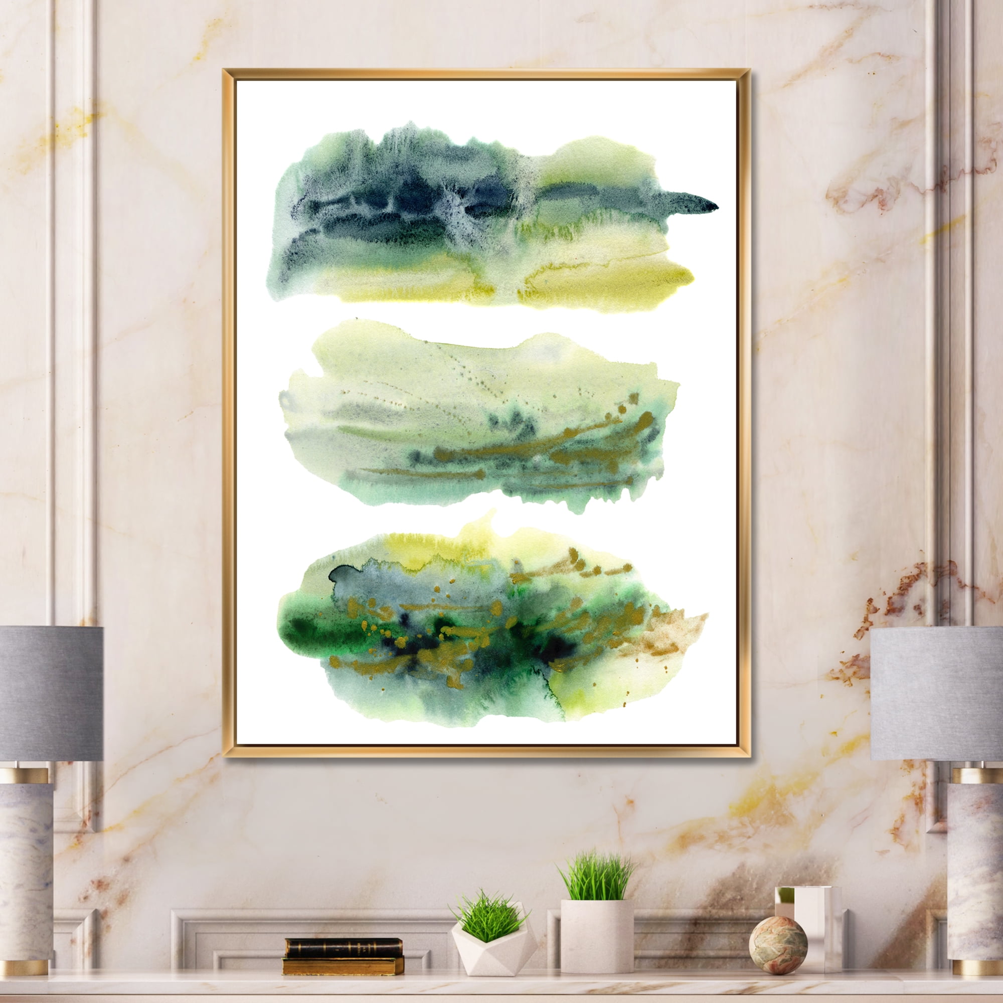Designart 'Golden Green Abstract Clouds I' Modern Framed Canvas Wall Art Print