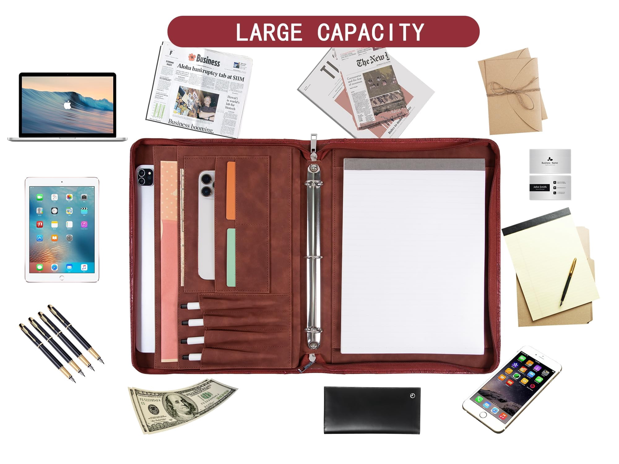 Leather Padfolio for Women,Zippered Padfolio with 3 Ring Binder,Business Portfolio Organizer for Women with A4 Writing Pad Holder, Document Organizer for Meeting/Interview
