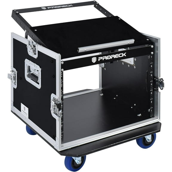 PRORECK 8U Rack/Road Case With Slant Mixer Top, And Casters, 20'' Rackable Depth, Plywood, 8U Installation Size, Pro Stage Performance.