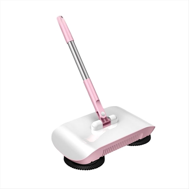 combinación de escoba y trapeador, escoba y recogedor de mano, herramienta de limpieza para el hogar, escoba mágica para pisos, barredora. Barredora manual rosa con mango telescópico frontal en vista 3/4; cuerpo blanco con base rosa y dos cepillos circulares negros visibles. Funcionamiento sin electricidad: empuje manual hacia adelante para barrer y trapear en una sola pasada. Materiales: acero inoxidable y PP; tamaño compacto y diseño ligero, apta para casa, oficina, garaje y camping.