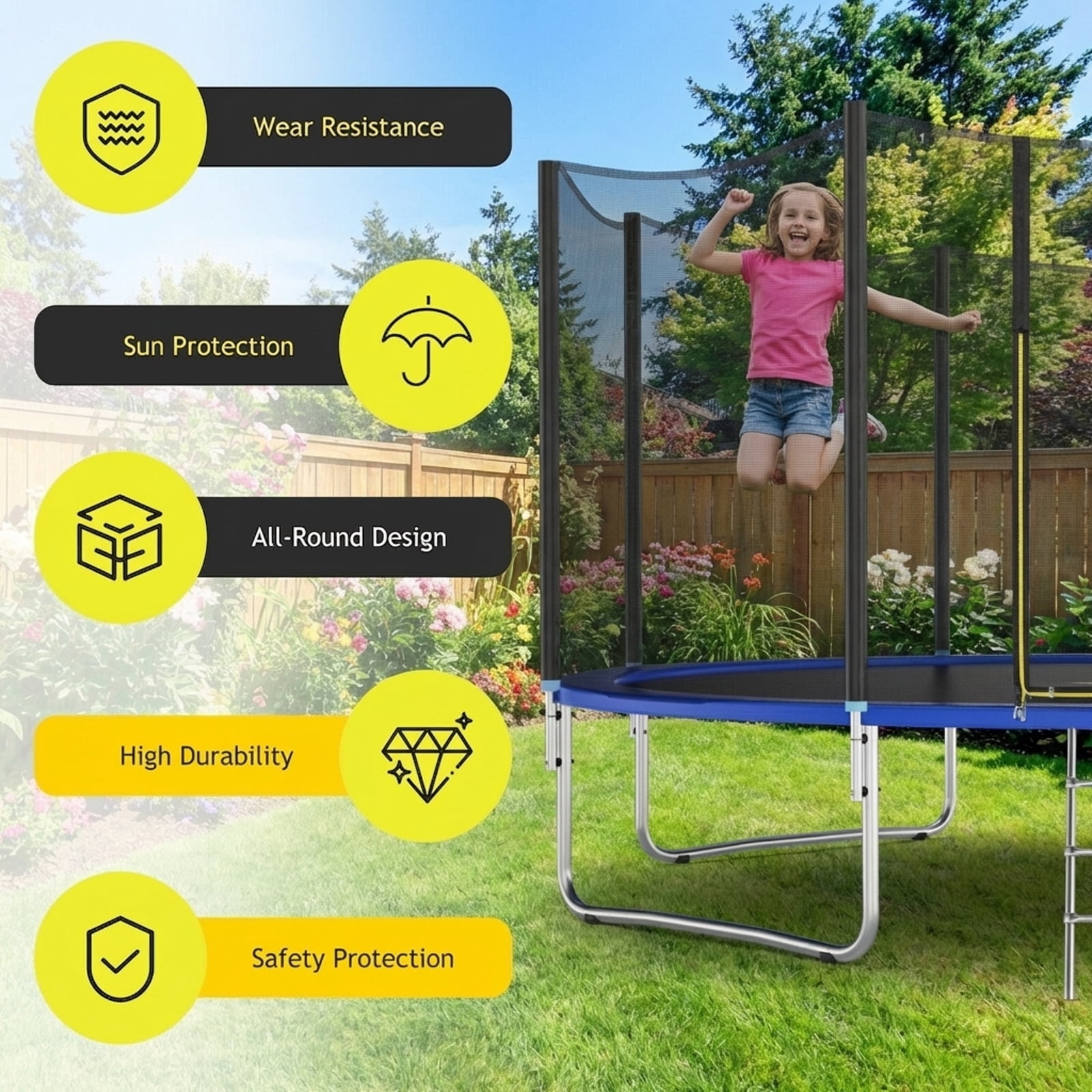 Redsmile Trampoline Safety Replacement Protection Enclosure Net-16 ft - Premium PE Safety Enclosure for Kids Outdoor Play