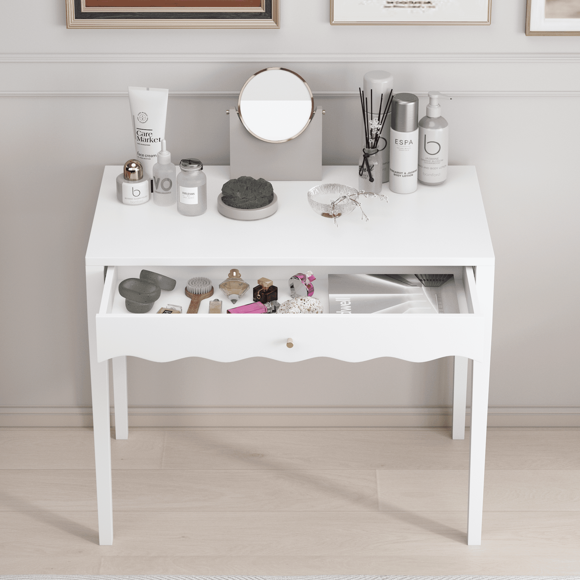 35.43" Vanity Desk with Drawer, Modern Makeup Table with Scalloped Front & Gold Knob, Compact Writing Desk with 4 Sturdy Legs for Bedroom, Small Home Office & Apartment Spaces