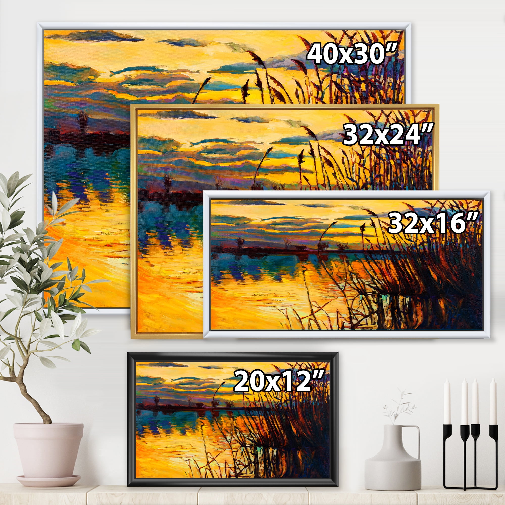 Designart 'Yellow Evening Glow Through The High Grass By The Lake' Nautical & Coastal Framed Canvas Wall Art Print