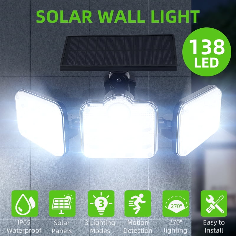 138LED Solar Security Wall Lights 3 Head Motion Sensor Flood Spot Lamp Outdoor