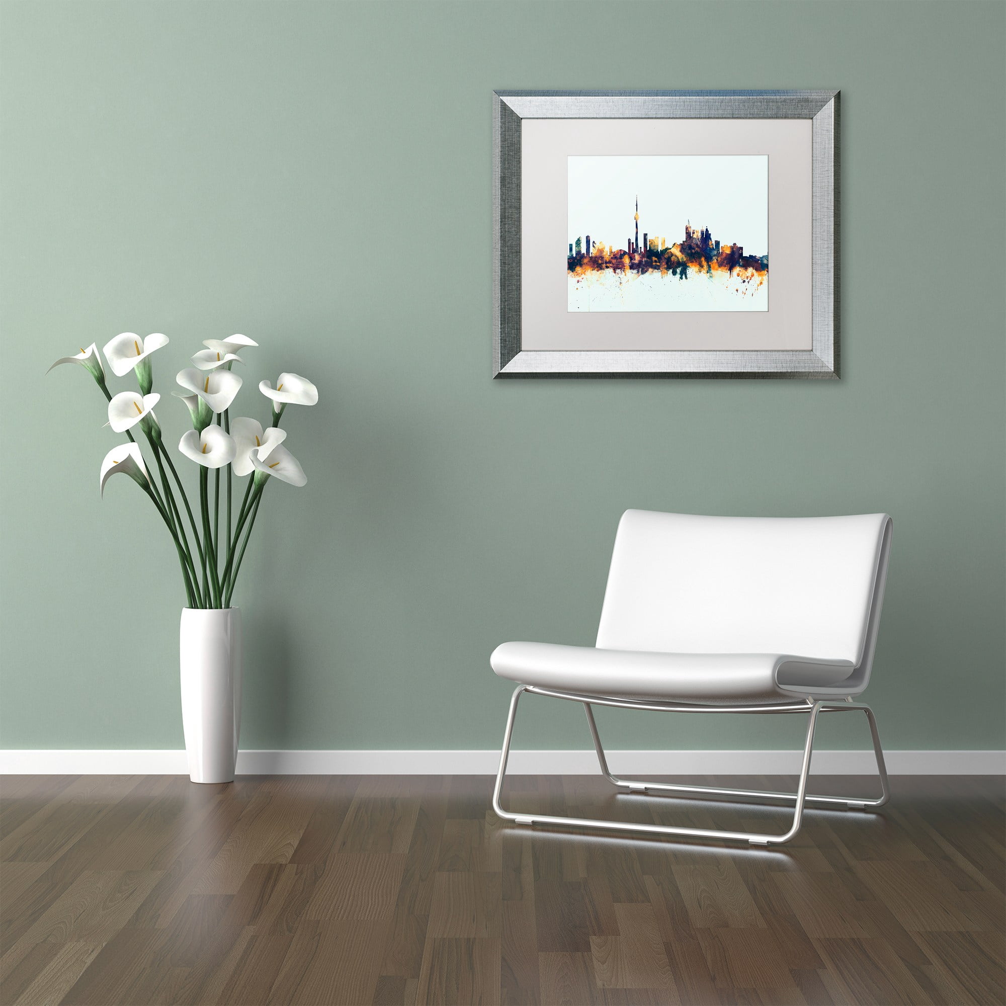 Trademark Fine Art "Toronto Canada Skyline Blue" Canvas Art by Michael Tompsett, White Matte, Silver Frame