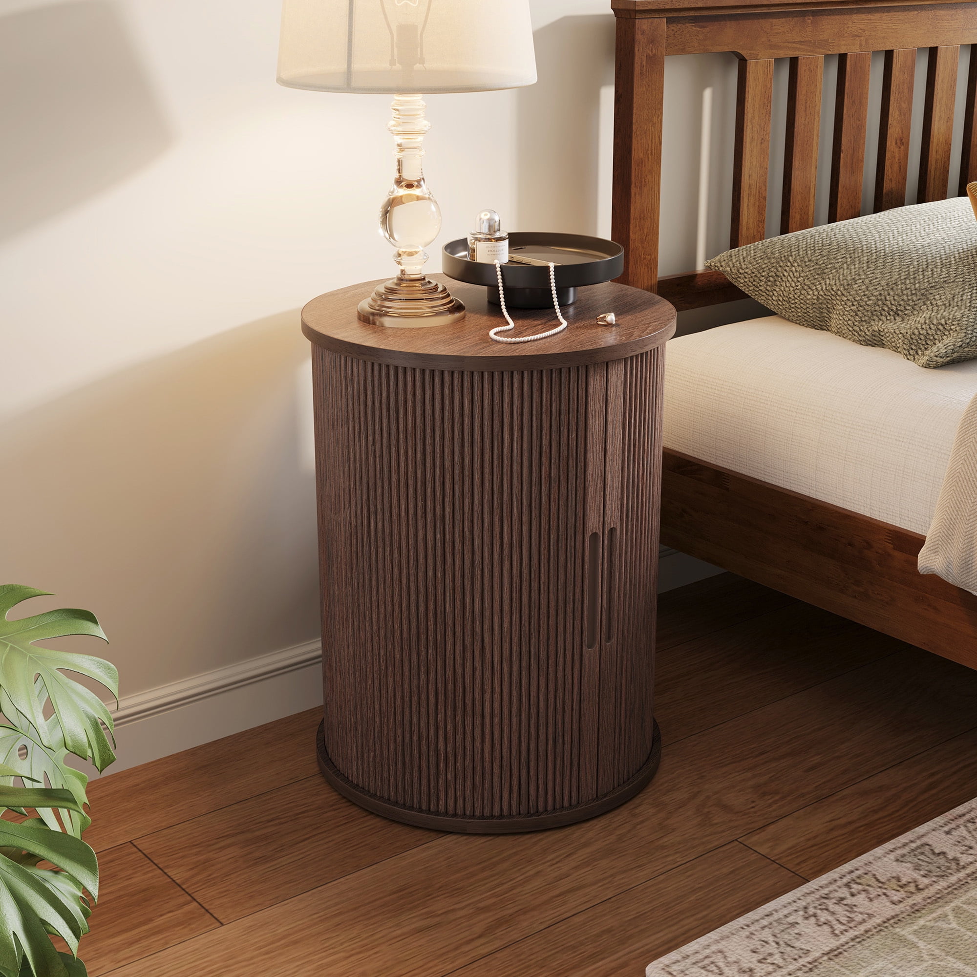 LINSY HOME Fluted Round End Tables for Living Room, Nightstand for Bedroom with with Sliding Tambour Door and Adjustable Shelves, Walnut(1 Pcs)
