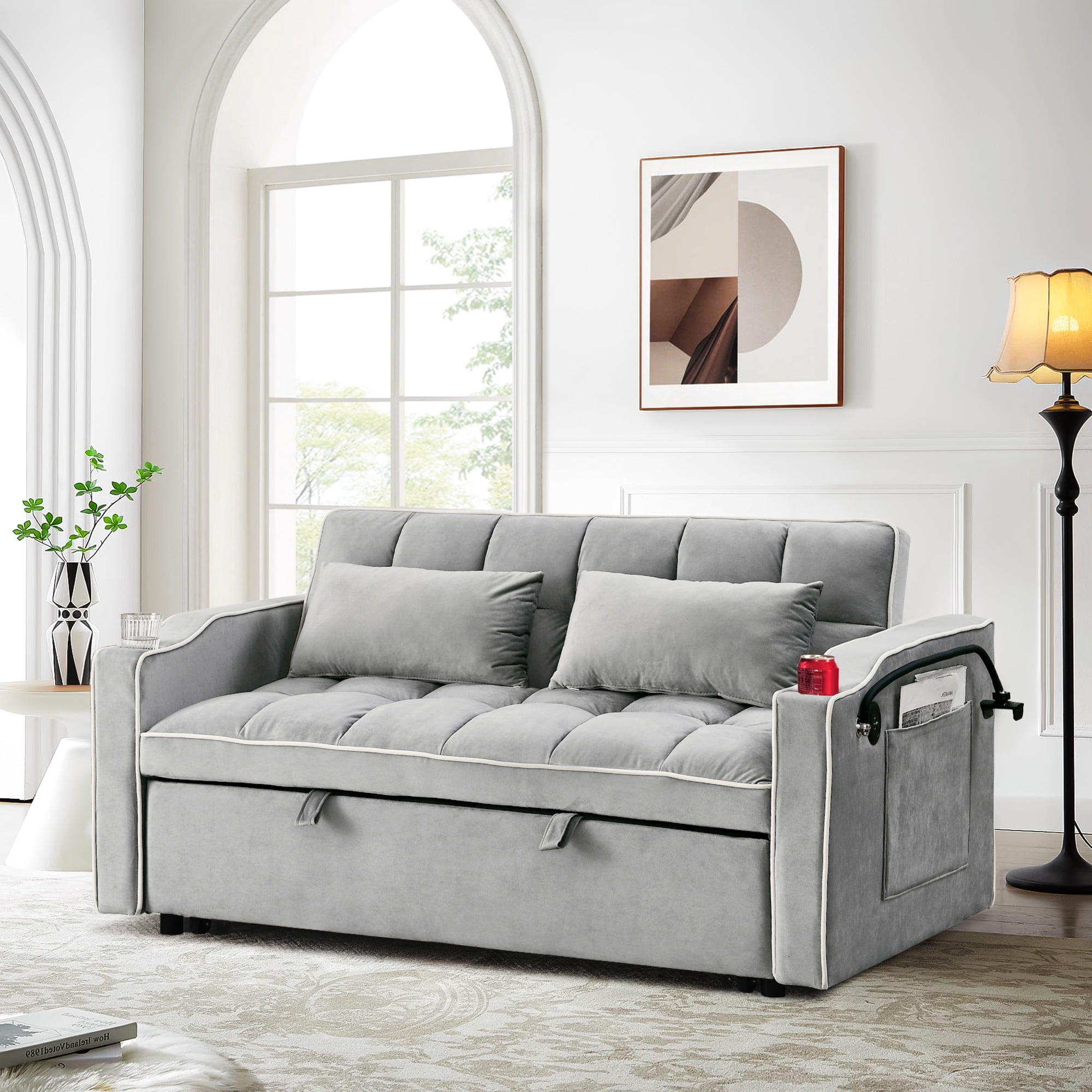 Dinosisco 3-in-1 Convertible Futon Sofa Bed, Loveseat Sleeper with Phone Stand, USB, Gray Velvet