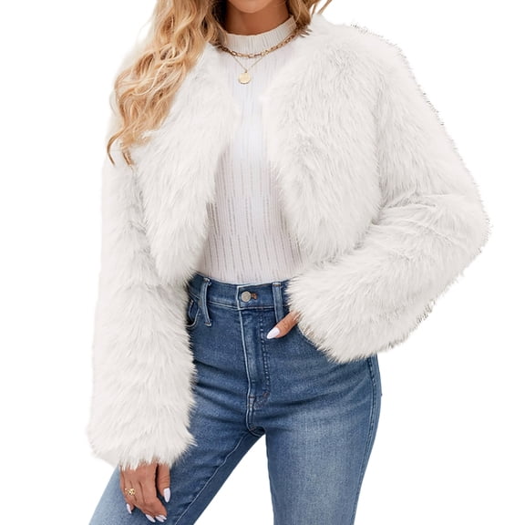 Yokua Womens Thicken Coat Plush Coat Cropped Long Sleeve Lapel Fuzzy Winter Warm Outerwear