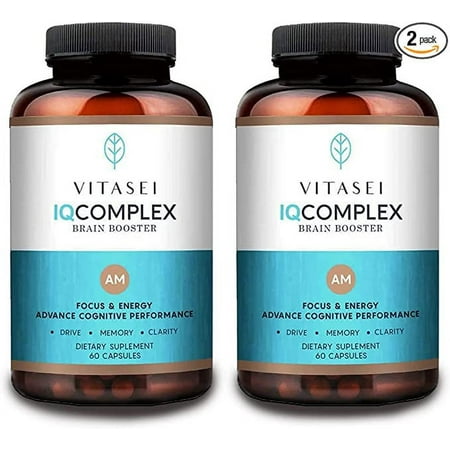 Vitasei IQ Complex AM Brain Booster Brain Supplement for Memory & Focus-Energy & Cognitive Capsules W/Ashwagandha,Quercetin & Green Tea,Memory Pills for Mental Clarity,Mental Focus- 60 Capsules (2pck)