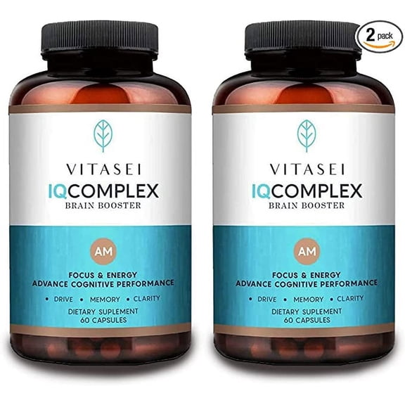 Vitasei IQ Complex AM Brain Booster Brain Supplement for Memory & Focus-Energy & Cognitive Capsules W/Ashwagandha,Quercetin & Green Tea,Memory Pills for Mental Clarity,Mental Focus- 60 Capsules (2pck)