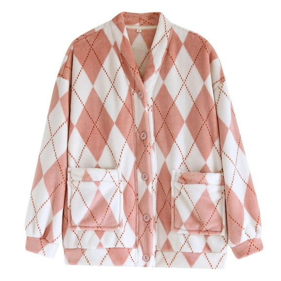 Bovxnpu Women's Pajama Tops Sleep Shirt, Women's Plus Size Print V Neck Button Down with Pockets Long Sleeve Homewear Sleep Top Sleepwear Loungewear