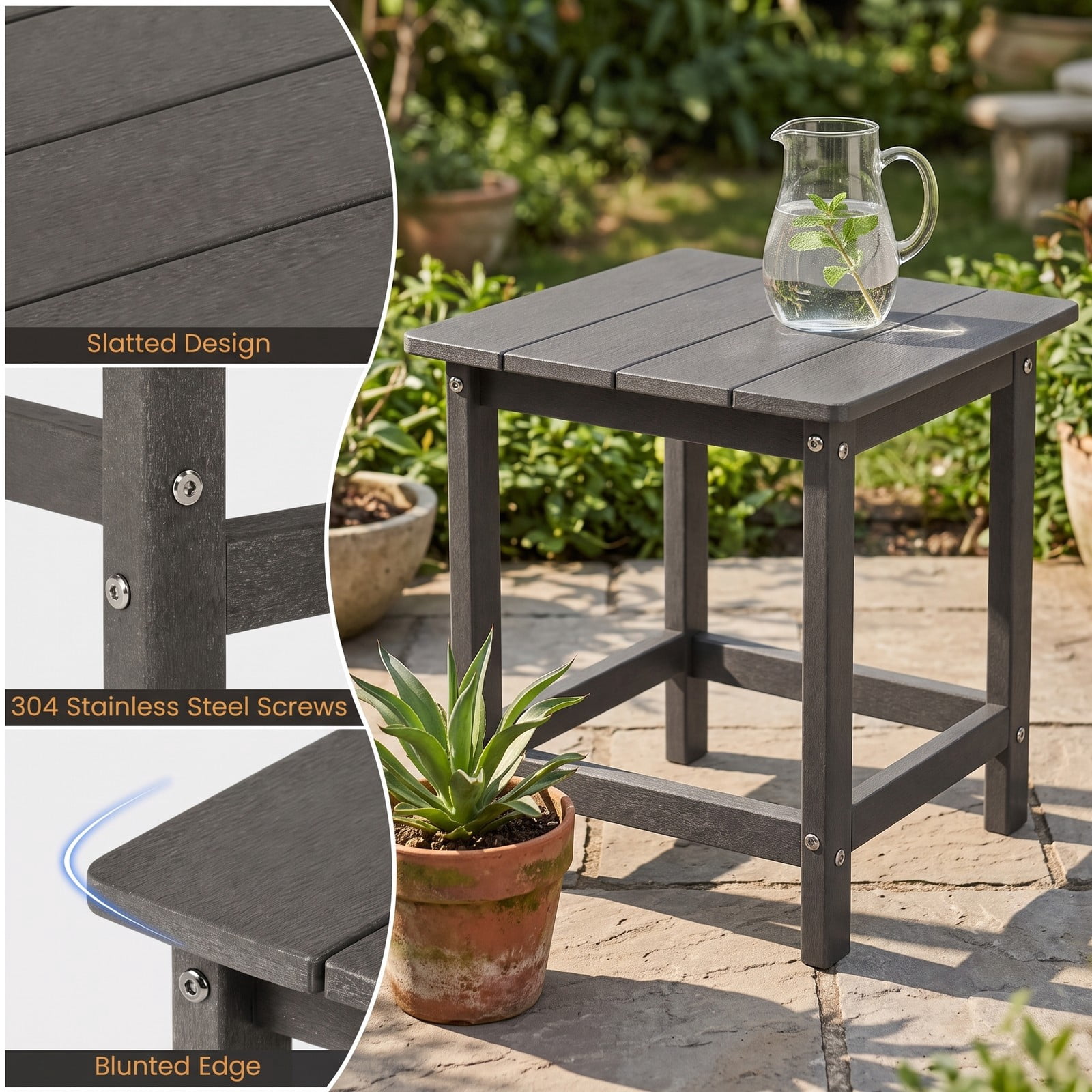 Furnibear 14 Inch Square Weather Resistant HDPE Adirondack Side Table for the Patio Porch Deck and Backyard Garden, Gray