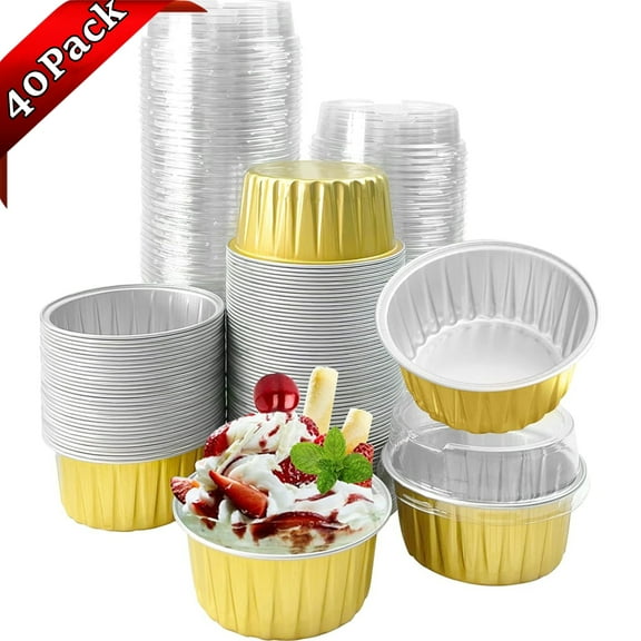 Bxaolu 40 Pack Aluminum Foil Cupcake Baking Cups, 5oz Cupcake Liners Dessert Cups with Lids Disposable Cupcake Cups Mini Cake Containers Flan Mold Mini Muffin Liners for Christmas Wedding(Yellow)