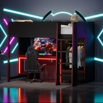 MINESTIA Twin Size Gaming Loft Bed, Twin Wood Loft Bed Frame with Built-in Desk, Wardrobe, LED Lighting and Storage Drawer, No Box Spring Needed, Black